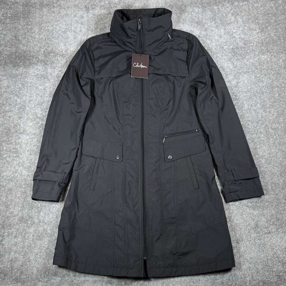 NWT Cole Haan Rain Jacket Women's Medium Black Long Packable Hooded